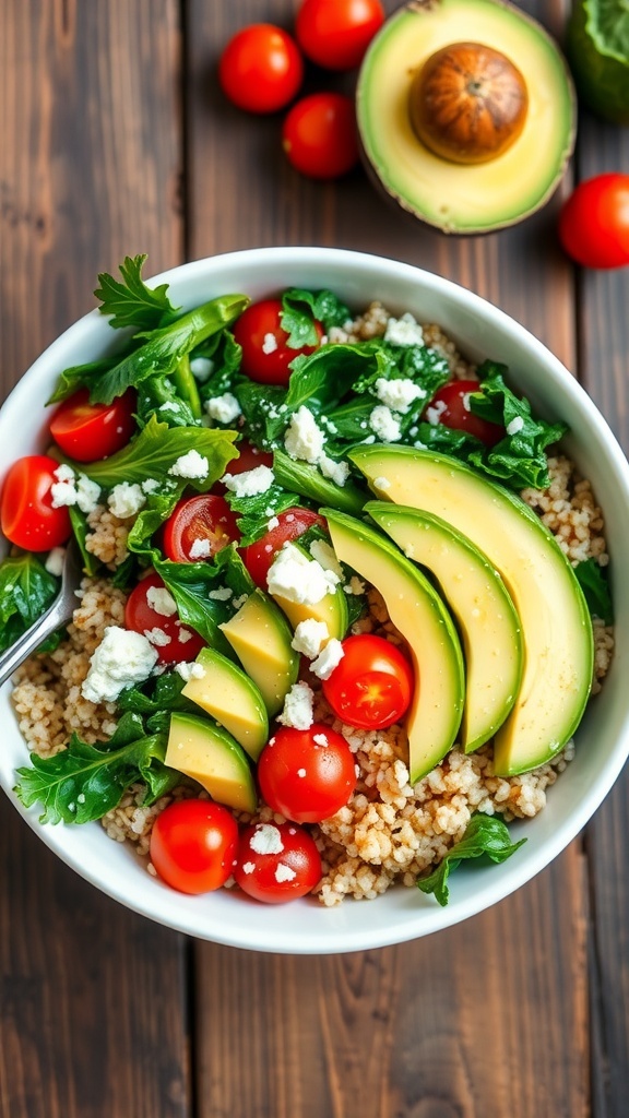 A healthy kale quinoa bowl with quinoa, kale, cherry tomatoes, and avocado, garnished with feta cheese and lemon dressing.